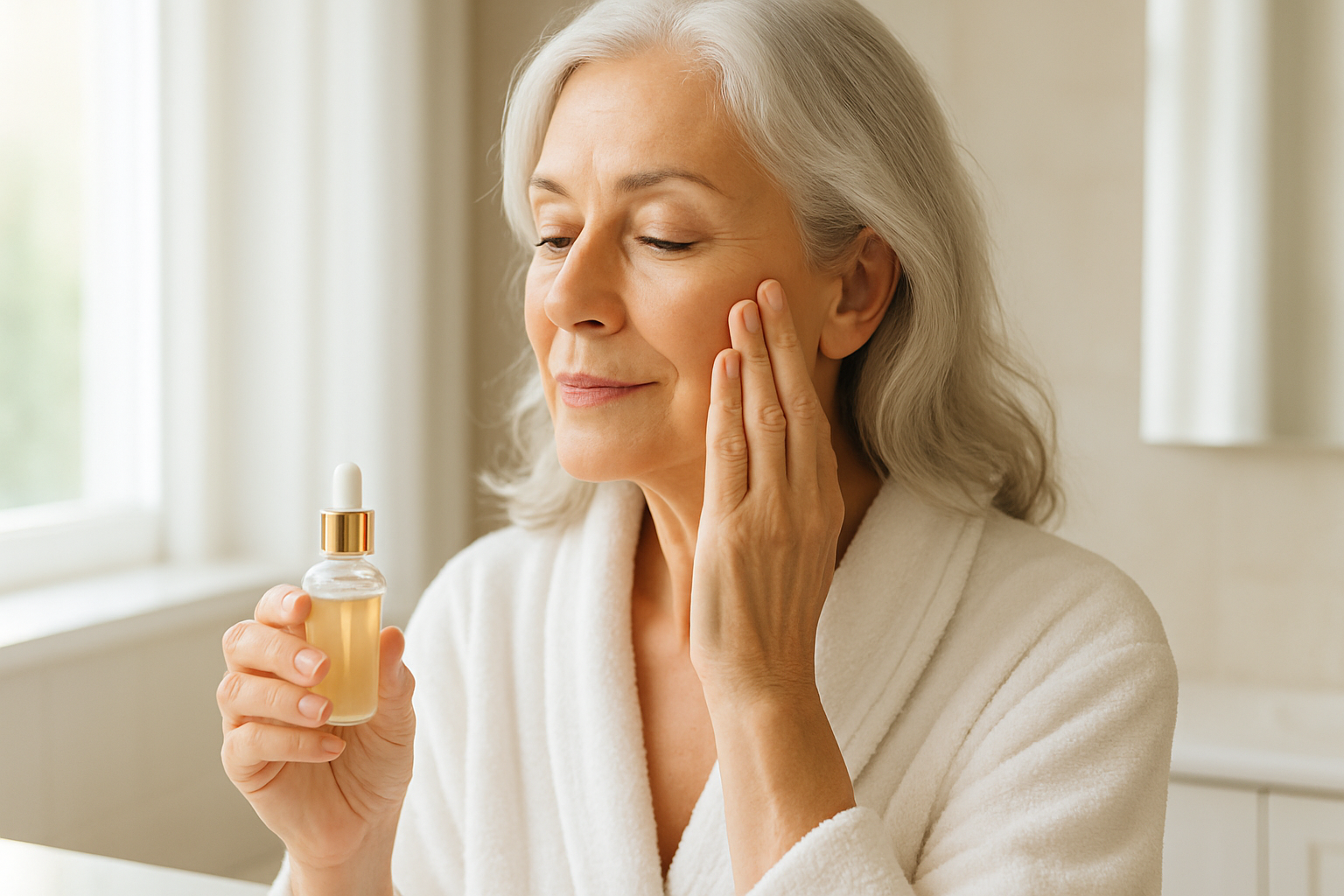 older lady putting on face skin serum